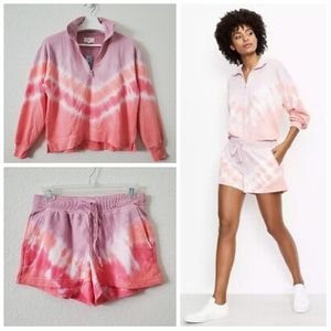 Lou & Grey Boho Tie Dye Soft Cozy Terry Shorts & Half Zip Sweatshirt Set Pink